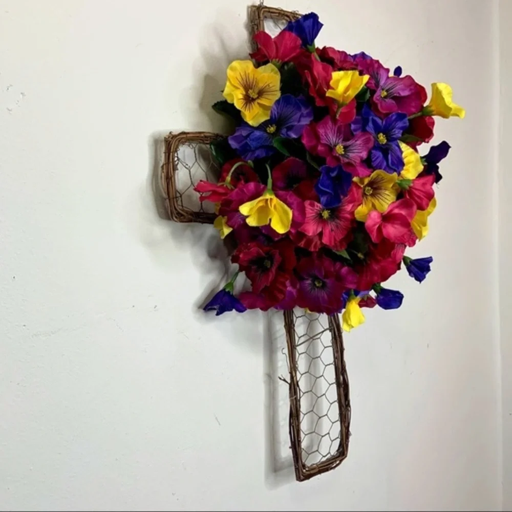 Easter Spring Floral Cross Wreath Pansy Door Decor